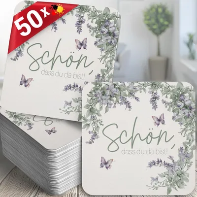 Produktbild von 50 Bierdeckel 'Schön, dass du da bist', Floral Butterfly Lavendelgrün Hochzeit