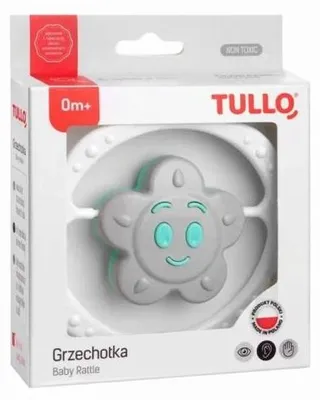 Produktbild von Baby Rassel Blumenform Minzgrau mit sensorischen Elementen 12x12 cm ab 0 Monate