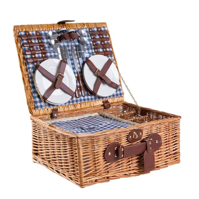 Produktbild von H&D Manufaktur Picknickkorb Weide, für 4 Personen, Blau, Rot kariert, mit Kühlfach, Zubehör, Befestigungsgurten und Kunstleder-Tragegriff