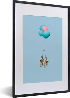 Produktbild von MuchoWow® MuchoWow® Gerahmtes Poster Zwei Möpse auf blauen und rosa Luftballons 40x60 cm - Poster mit zchwarzem Bilderrahmen - Poster in Rahmen