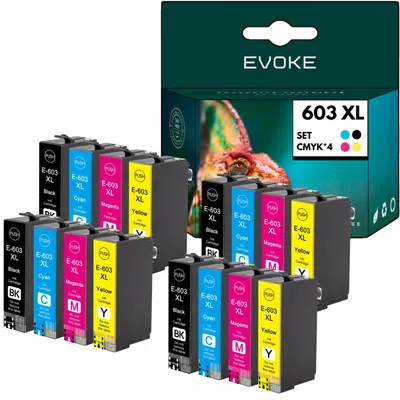 Immagine prodotto di Inchiostri compatibili Evoke per stampanti Epson 603XL 603 XL T03A6: 16 cartucce totali, suddivise in 4 cartucce nere + 4 cartucce ciano + 4 cartucce magenta + 4 cartucce gialle, capacità 196 ml, compatibili con i modelli Expression Home XP-2100, 21[05/50/55], 31[00/05/50/55], 41[00/05/50/55] e WorkForce WF-2810DWF, 28[20DWF/30DWF/35DWF/40DWF/45DWF/50DWF/70DWF]