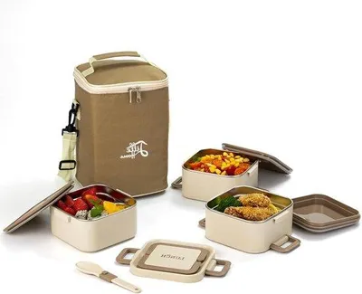 Image de Boîte à lunch empilable à 3 compartiments, en acier inoxydable, 4 compartiments, beige