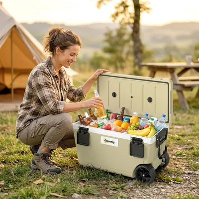 Produktbild von SUGIFT Kühlbox 70L passiv, Thermobox Camping HDPE PolyurethanVollschaumisolierung, Passive Kühlbox mit Rädern, Khaki | 84 x 42 x 44,3 cm | bis 72 Std. | 11,2 kg