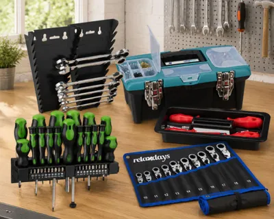 Produktbild von DIY-Werkzeugset (4-teilig) – Werkzeugkasten, verstellbare Schraubenschlüssel, 37-teiliges Schraubendreher-Set und Magnethalter