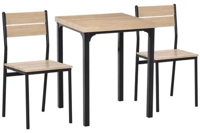 Produktbild von 3-Teilige Essgruppe Sitzgruppe Mit Holztisch Mdf + Metall, Naturholzmaserung + Schwarz, 1 Tisch + 2 Stühle