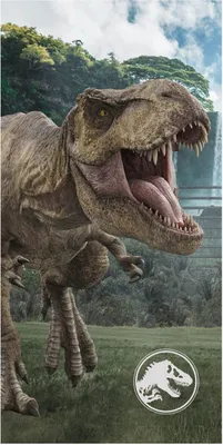 Produktbild von Jerry Fabrics Kinder Strandtuch Handtuch Saunatuch Jurassic World Dominion T-Rex Dinosaurier im Park, weißes Logo, 140 x 70 cm, 100 % Baumwolle
