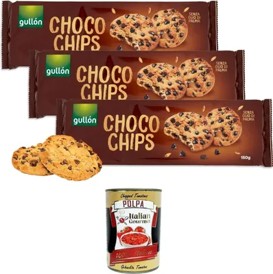 Produktbild von Gullon Choco Chips Golosi Biscotti Cookies con Gocce di Cioccolato Fondente,Choco Chips Leckere Kekse mit dunklen Schokoladenstückchen,3x 150 g + Italian Gourmet polpa 400g