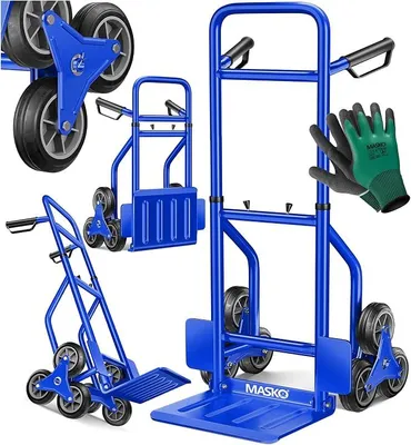 Immagine prodotto di Carrello per scale, carrello per sacchi da 200 kg, carrello di trasporto, scala per scale, carrello impilabile pieghevole, carrello per sacchi per scale. Pneumatici in gomma dura, maniglie in plastica, struttura in acciaio, ruote a stella triple. Include guanti, colore blu