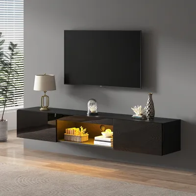 Obrázok produktu pre Nástenný TV stojan Merax s LED osvetlením a 2 dvierkami, minimalistická TV doska s nosnosťou 35 kg, TV skrinka pre 70 palcov, čierna farba s vysokým leskom