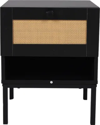 A black nightstand with a rattan top and open shelf, shown against a white background.