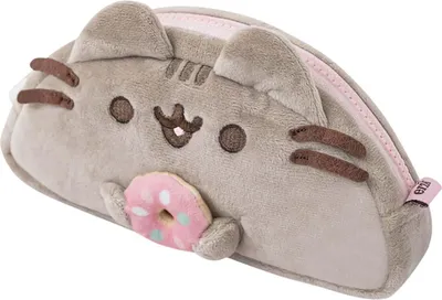 A plush pencil case shaped like a cat holding a donut.