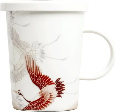 Produktbild von [ KRANICHE ] chinesisches Porzellan / Teebecher + Sieb & Deckel / Becher / Mug