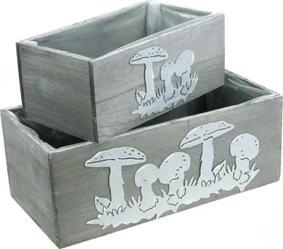 Produktbild von Fliegenpilz Holzkasten-Set Herbstdeko Gartendeko Pflanzkisten Vintage Grau Weiß 2er-Set L40/30cm