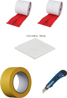 A collection of items for creating a dust protection door, including two rolls of red zipper tape, a white sheet, a roll of yellow tape, and a utility knife.