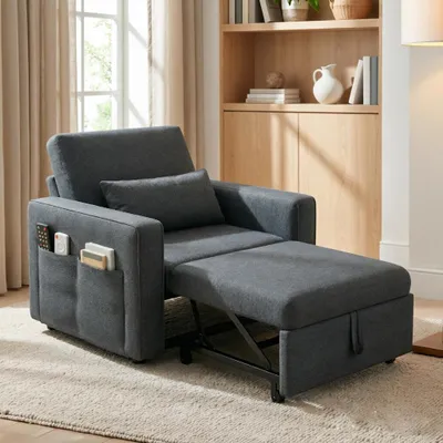 Produktbild von Schlafsessel Faltbares Schlafsofa 90 x 190 cm, 3-in-1 Relaxsessel mit Armlehnen, Leinen, Kissen & Tasche, 4 Rollen, Grau