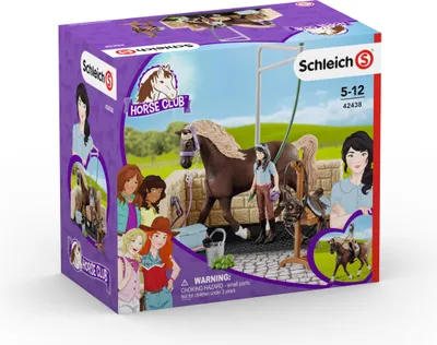 The image shows the packaging of a Schleich Horse Club toy set, featuring a horse, a girl, and a wash station.