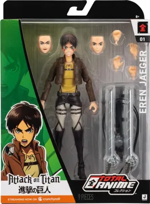 A boxed action figure of Eren Jaeger from Attack on Titan.