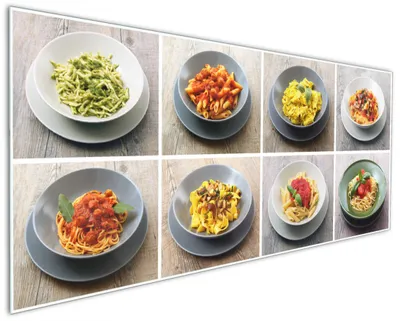 Produktbild von Wallario Küchenrückwand aus Glas, Größe: 125 x 50 cm, Motiv: Italienische Pasta | Spritzschutz | abwischbar | pflegeleicht | in