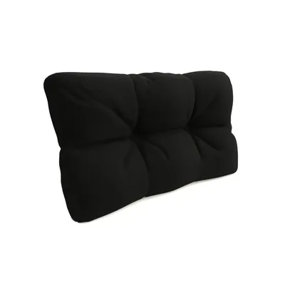 A black tufted cushion is shown against a white background.