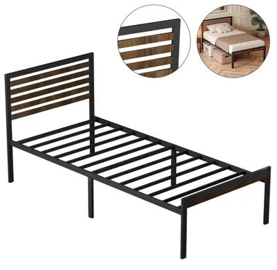 Obrázok produktu pre Kovová posteľ JOIEYOU 90 x 200 cm, čierna s dreveným vzhľadom – stabilná jednolôžková posteľ s úložným priestorom 32 cm, tichá a priestorovo úsporná