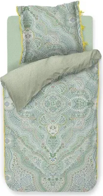 A top-down view of a bedding set laid out flat.