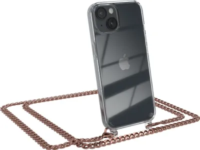 Produktbild von EAZY CASE Metall Handykette für Apple iPhone 14, Handyhülle mit Umhängeband, Silikonhülle, Metallkette für Smartphone in Rosa