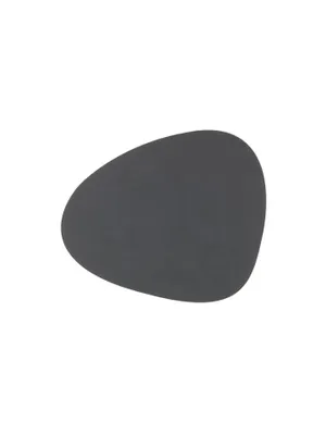 A single, dark gray, kidney-shaped placemat is shown against a white background.