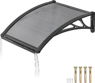 Obrázek produktu pro SucceBuy stříška nad vchodovými dveřmi, 61 x 60 cm, zakřivený design, stříška s odvodňovacím systémem a ABS držákem, ochrana před deštěm, sněhem a sluncem, polykarbonátová stříška pro verandu a terasu, kouřově šedá