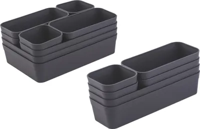 Two sets of gray plastic drawer organizers are shown against a white background. Each set contains multiple nested containers of various sizes.