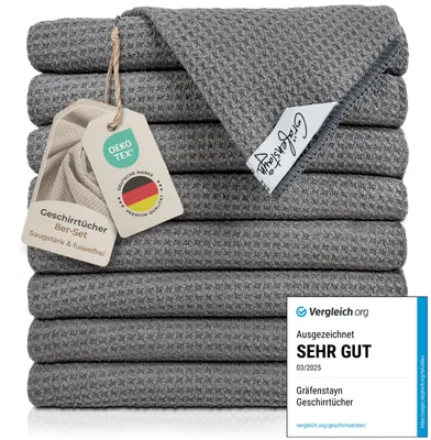 Produktbild von Gräfenstayn 8er-Set Geschirrtücher Microfaser - saugstarke & fusselfreie Waffelstruktur - 45x65 cm Küchenhandtücher - Standard 100 - Mikrofaser-Tücher, Geschirrhandtücher (Anthrazit) – Größe