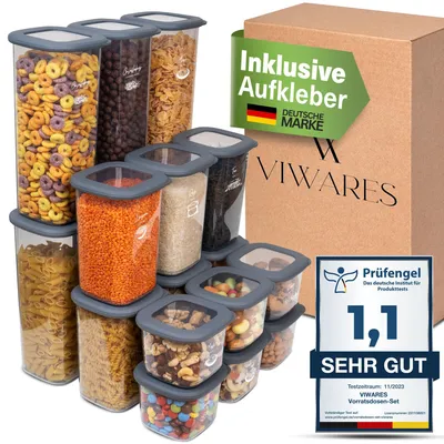 A collection of food storage containers filled with various food items, presented with marketing overlays and a product box.