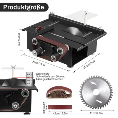 Produktbild von Mini-Tischkreissäge - Multifunktionsgerät mit Bandschleifer - 200 W - 4 Sägeblätter - Sägeblattmaß 0,1–30 mm - Schwarz