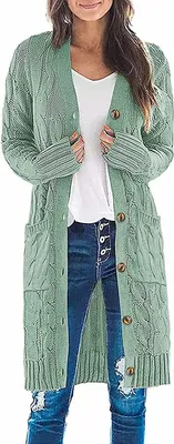 Produktbild von ASKSA Damen Langarm Strickjacke Strick Mantel Zopfstrick Sweater mit Knopfleiste und Taschen, Bohnen Grün, L