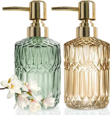 Produktbild von Glas Seifenspender Set, 2 Stück, 390 ml, grün mit roségoldenen Akzenten, für Küche und Bad
