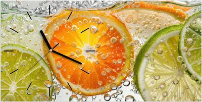 Produktbild von Wanduhr aus Glas mit Motiv Frucht Spritzer- 60 x 30 cm - inkl. Aufhängesystem