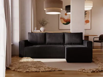 Ecksofa in L-Form mit Schlaffunktion und Bettkasten, aufgestellt in einem modernen Wohnzimmer