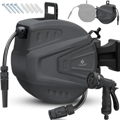 Produktbild von KESSER® Schlauchtrommel Wasser Schlauchaufroller Inkl. 2-Wege-Verteiler + Multi-Handbrause Wasserschlauchtrommel Automatik | 180° Schwenkbar | Wandhalterung | Gartenschlauch | Orange
