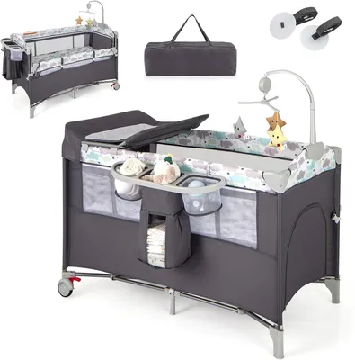 Produktbild von Beistellbett für Babys, 120 x 60cm, mit Rollen, 4-in-1-Reisebett mit Matratze, faltbares Babybett als Wickeltisch und Laufgitter, ab Geburt (Grau)