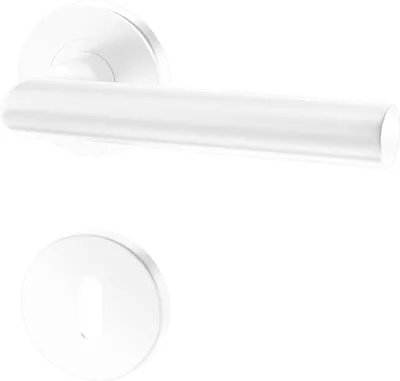 A white door handle and escutcheon plate are shown against a white background.