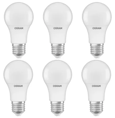 Image de 6 ampoules LED Osram A60 8,5 W = 60 W, culot E27, finition mate, 806 lm, blanc chaud 2700 K, plastique recyclé