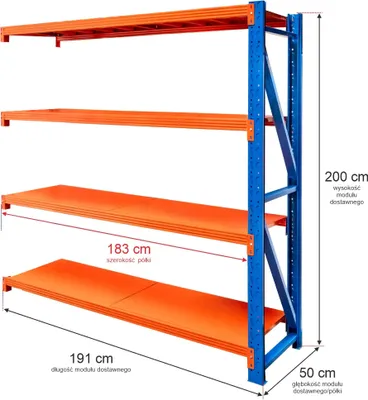 Zdjęcie produktu dla Regał metalowy magazynowy warsztatowy 4-półkowy Mega-M FORTIS LIGHT 200x192,5x50 cm moduł dostawny 800kg