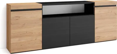Produktbild von Sideboard, Highboard, 200x35x75cm, 4 Türen, Wohnzimmer, Küche, Eiche Schwarz