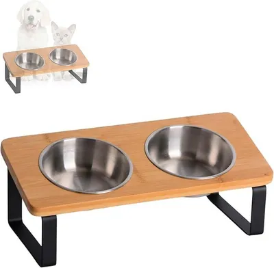 Produktbild von PolkaHome® Erhöhter Schräger Katzennapf 15° Doppelnapf mit Bambusgestell und 2 Edelstahlnäpfen 2x320ml