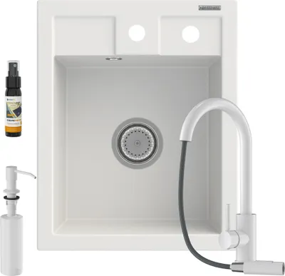 Obrázok produktu pre Umývadlový set Libra s umývadlom Libra, sprchový sifón, granit, najlepší model, kompozitný granit, 500X400 mm, biely