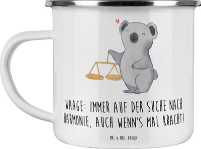 Produktbild von Mr. & Mrs. Panda Emaille Tasse Waagen Harmonie - Weiß - Geschenk, Tierkreiszeichen, Haferl, Sternzeichen, ausgeglichene Persönlichkeit, Geschenke Astrologie, Horoskop
