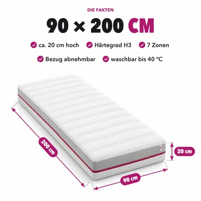 Produktbild von Taschenfederkern Matratze 90x200 cm H3, 7 Zonen, 20 cm hoch, Bezug abnehmbar und waschbar, gefertigt in Deutschland
