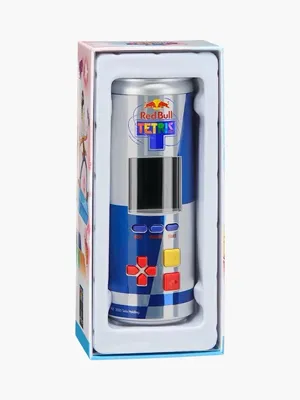 A Red Bull Tetris limited edition can is displayed inside its packaging.