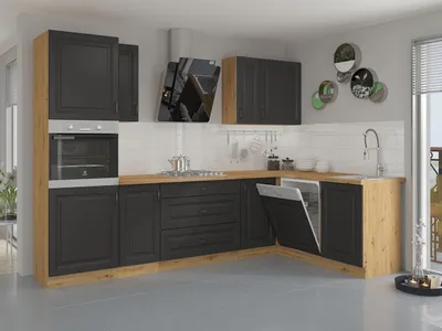 Obrázek produktu pro Rohová kuchyně 218/110 cm FRYZIA 1 - dub artisan / grafitová + pracovní deska a LED osvětlení