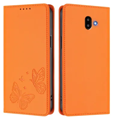 Image de Étui en cuir pour Samsung Galaxy J6 Plus, motif papillon en relief, étui portefeuille à rabat avec support, orange