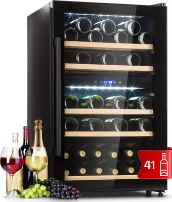 Image de Klarstein Cave à vin 41 bouteilles, cave de service avec étagères en bois amovibles, porte en verre,tactile, écran LCD, éclairage intérieur, temp de 5 à 18°C, cave a vin veillissement, Noir